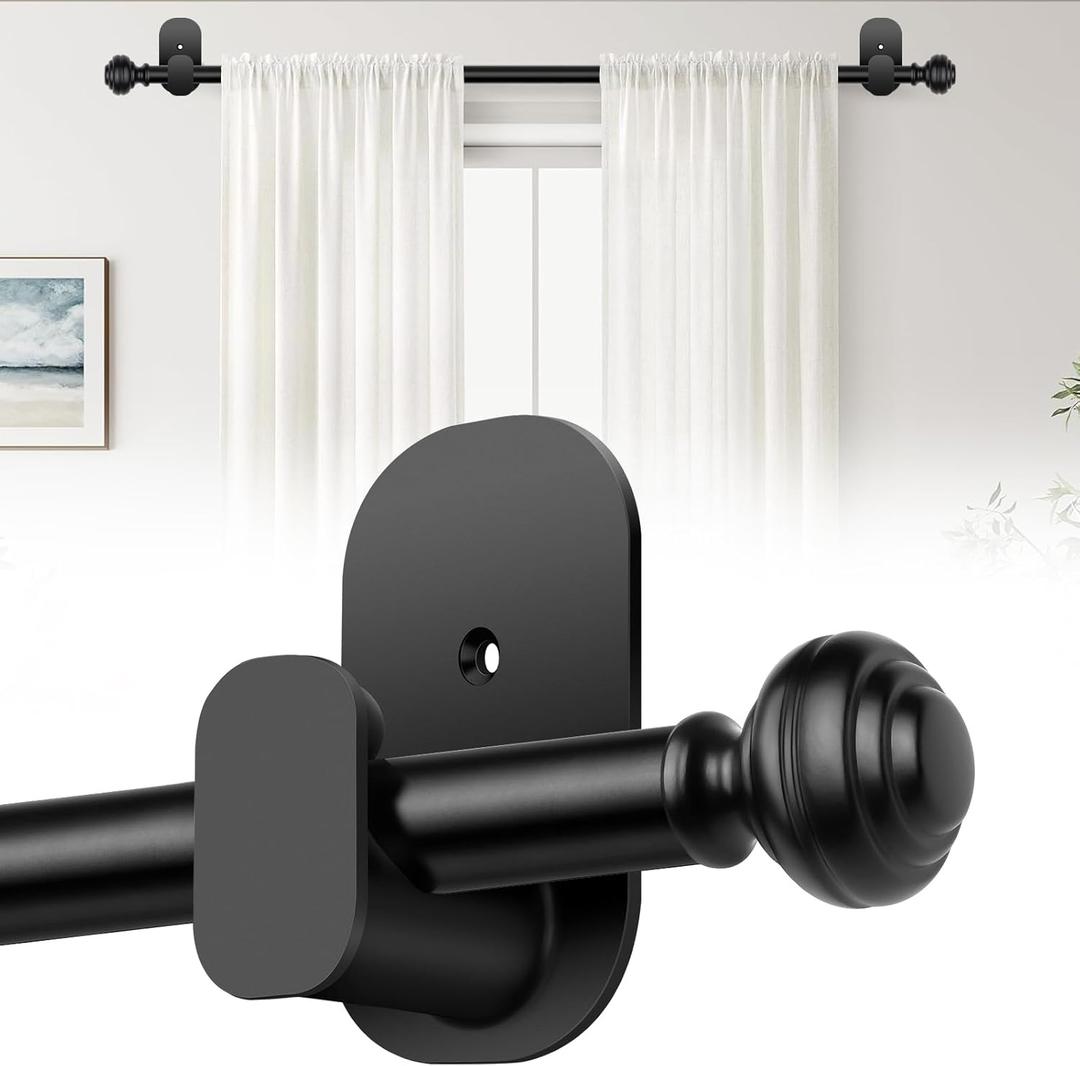 KAMANINA Curtain Rods No Drilling for Windows 32 to 86 Inches, 5/8 Inch No Drill Renter Friendly Curtain Rod with 3M Adhesive Brackets, Black