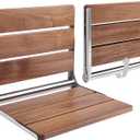 Homewell 18" Folding Shower Seat - Wall Mounted Burmese Teak Wood Shower Seat, 330lbs Capacity - Foldable Shower Chair for Extra Comfort, Seniors, Pregnant & Multi-Purpose Use (Stainless Steel)