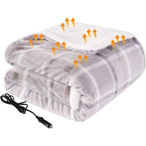 Westinghouse Heated Car Blanket, 12-Volt Electric Blanket for Car, Truck, SUV, RV, Portable Heated Throw for Camping, Beige Buffalo Plaid, 59" x 43