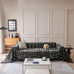 VClife Couch Cover 1 Piece Boho Tribal Black and Dark Gray Geometric Jacquard Sofa Cover for 2 Cushion Couch Sofa, Soft Washable Chenille Living Room Loveseat Cover Slipcover for Sofa Bed 71"X118"