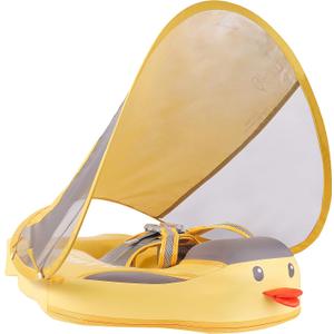 Mambobaby Float Add Tail Baby Swim Float with Canopy, Non-Inflatable Solid Baby Float, Upgrade Soft Waterproof Skin-Friendly Leather Material Infant Swim Float (Special Edition Yellow), Medium