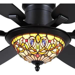 Tiffany Ceiling Fans with Lights - 52" Ceiling Fan Chandelier with Stained Glass Shade, 6 Speeds Reversible 6 Dual-Blades, Flush Mount, 3 CCT Dimmable LED Lights, Remote & APP Control, Vintage Style