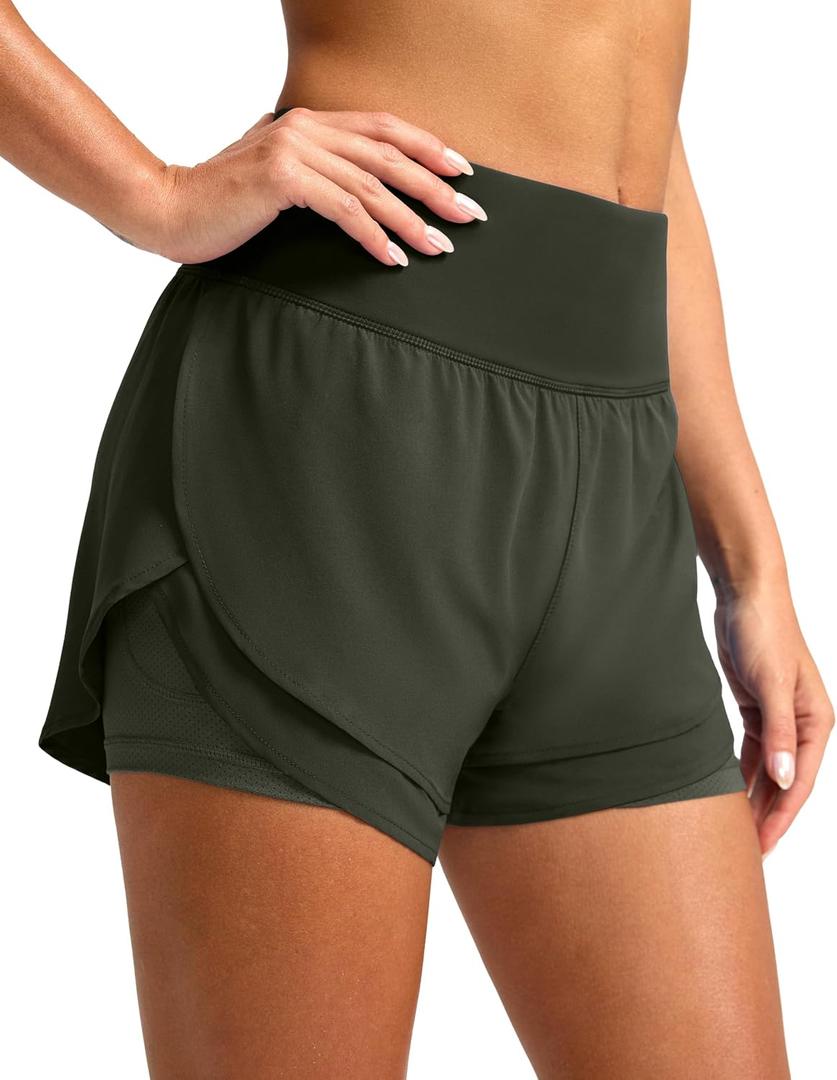 SANTINY Women's 2 in 1 Athletic Running Shorts with Pockets | 3", High Waisted, Built-in Liner, Exercise, Gym, Workout Shorts for Women (Gray, XXL)