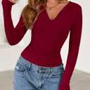 BTFBM Long Sleeve Shirts for Women 2025 Fall Fashion V Neck Knit Ruched Slim Fit Casual Basic Tees Going Out Tops Y2k(Burgundy, Small) (Red, S)