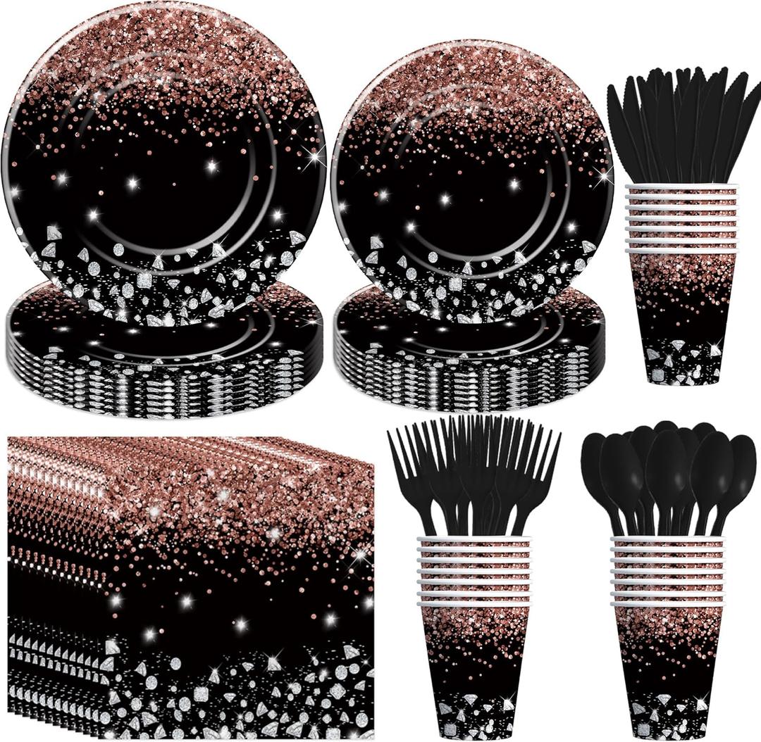 Xigejob Rose Gold And Black Party Decorations Tableware - Glitter Diamond Theme Rose Gold Party Supplies for Wedding Bridal Shower Birthday, Paper Plate, Cup, Napkin, Cutlery | Serves 24