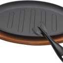 Cast Iron Steak Plate Sizzle Griddle, Round Shape Grill Fajita Server Plate, with Wooden Base Steak Pan, Household use or Restaurant Supply (10" Diameter)