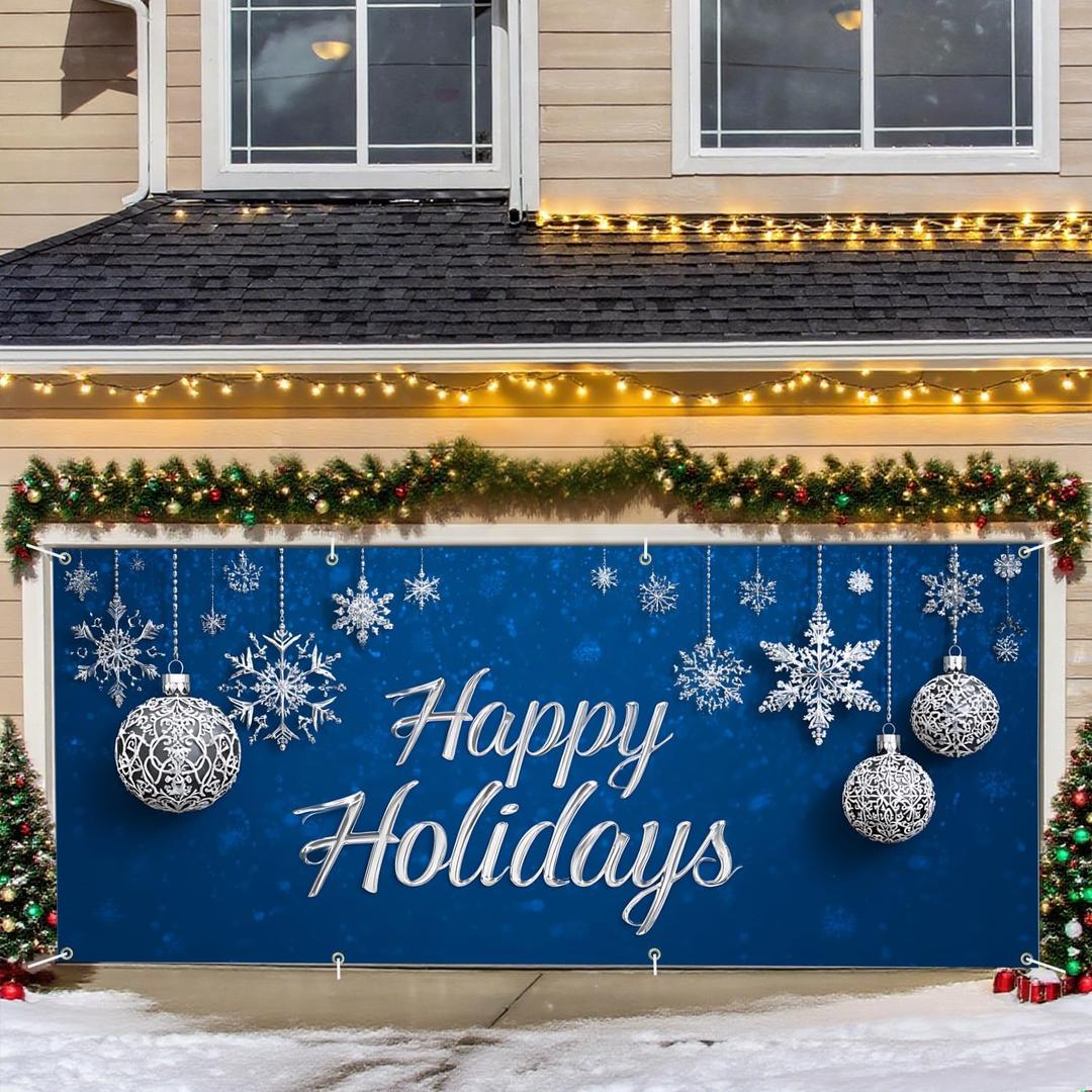 Happy Holidays Garage Door Banner  Blue Winter Theme with Snowflakes & Ornaments, Outdoor Vinyl Decoration (70)