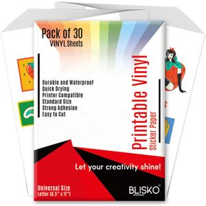 Printable Vinyl Sticker Paper - 30 Sheets 8.5x11 Sticker Paper for Inkjet Printer, Quick-Drying, Waterproof, Vivid Colors & Tear-Resistant, Easy to Cut, Cricut Compatible, DIY Sticker & Labels