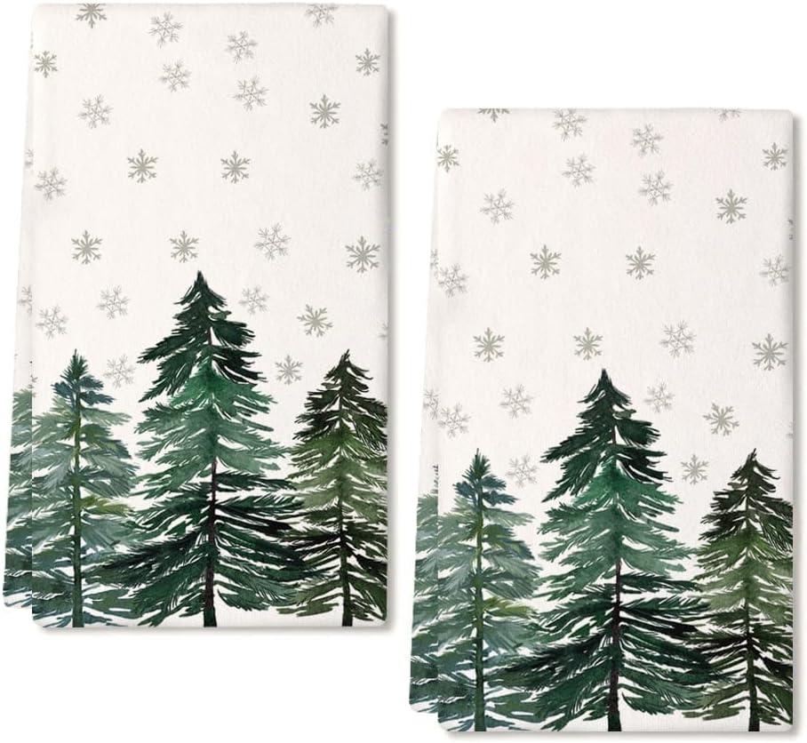 ARKENY Christmas Kitchen Towels Set of 2, Green Xmas Tree Snowflake Dish Towels 18x26 Inch Drying Dishcloth, Farmhouse Nobel Home Decoration AD140 (Green Two Piece)