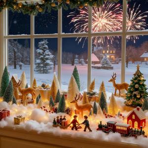 Soulchen 59 Pcs Christmas Village Set Snow Scene with LED Lights 17.6 oz Fake Snow Artificial Mini Christmas Bottle Brush Trees and Resin Reindeer Accessory for Xmas Winter Fireplace Table Decoration