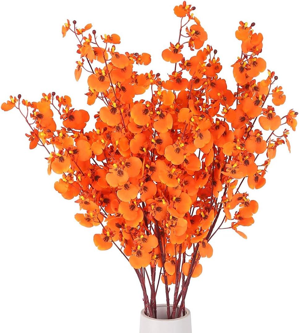 HANTAJANSS Artificial Orchids Flowers Bouquet Realistic Orchids Silk Bulk, 8PCS Faux Flowers Flowers Fake Orange Orchids Long Stem for Indoor Outdoor Wedding Home Office Decoration