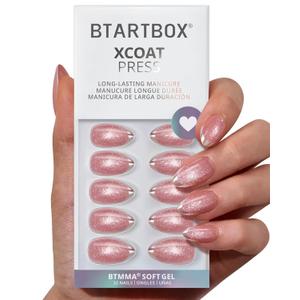 BTArtbox Press On Nails Almond - Gilded Cheer, Lamp-Curable Short Glitter French Tip Press On Nails with Glue and Adhesive Tabs for Women in 16 Sizes - 32 Soft Gel Glue On Nails Kit