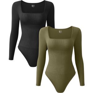 OQQ Women's 2 Piece Bodysuits Sexy Ribbed One Piece Square Neck Long Sleeve Tops (Large)