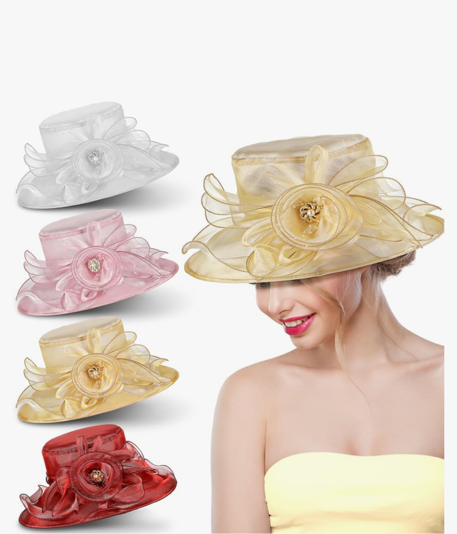 4 Pcs Derby Hats Women Organza Church Fascinator Bridal Flower Hat Wide Brim White Church Hat for Derby Day Wedding Tea Cocktail Party Sun, Beige Red White Pink