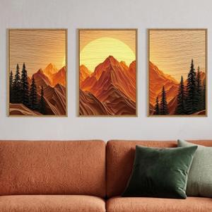 Large Boho Golden Mountain Framed Canvas Wall Art Set-16"x24"x3