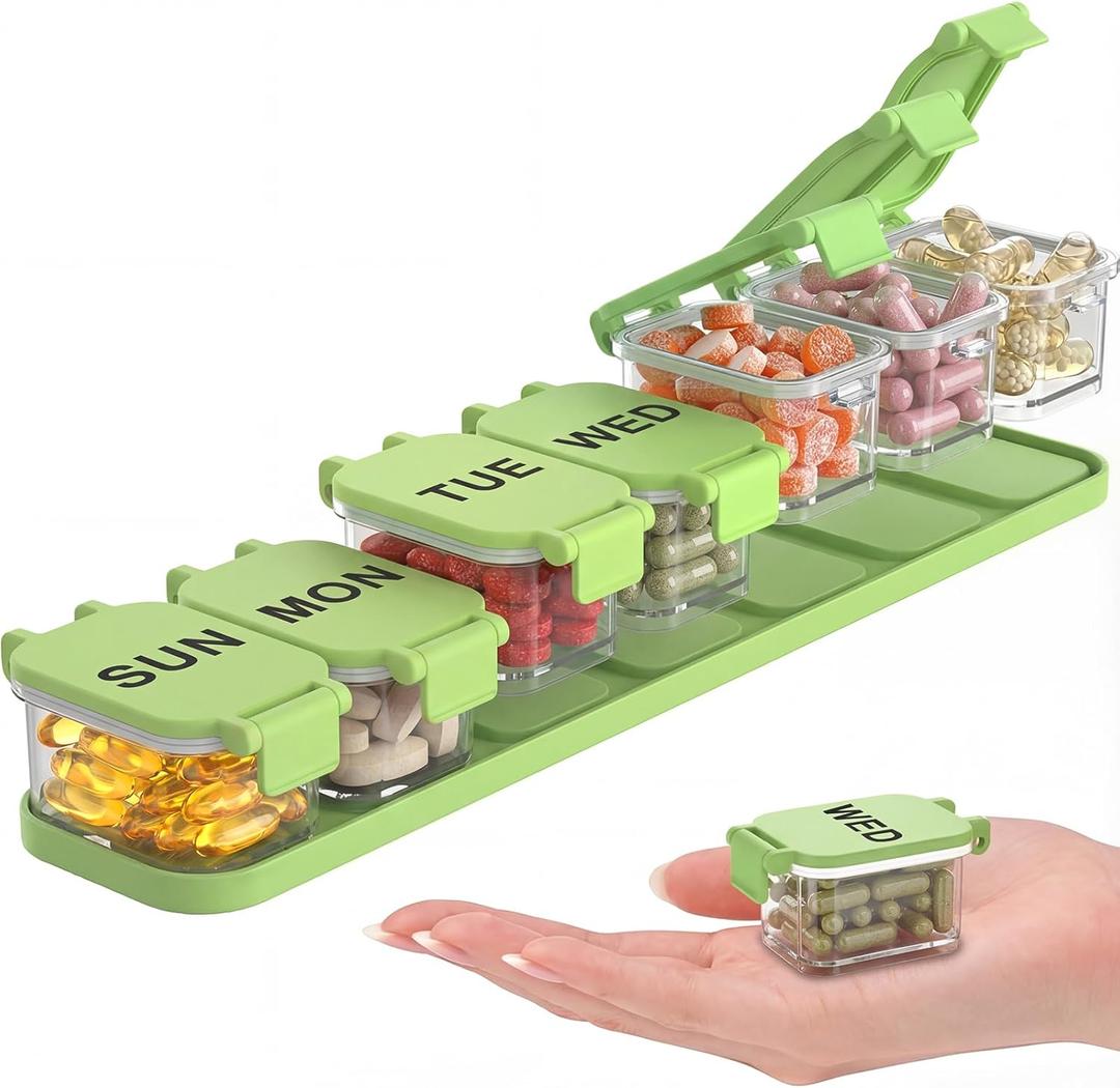 Extra Large Weekly Pill Organizer - Waterproof 7-Day Pill Box, Portable Vitamin & Supplement Case, Easy to Open Design, Ideal for Travel a nd Daily Medication Management (Green)