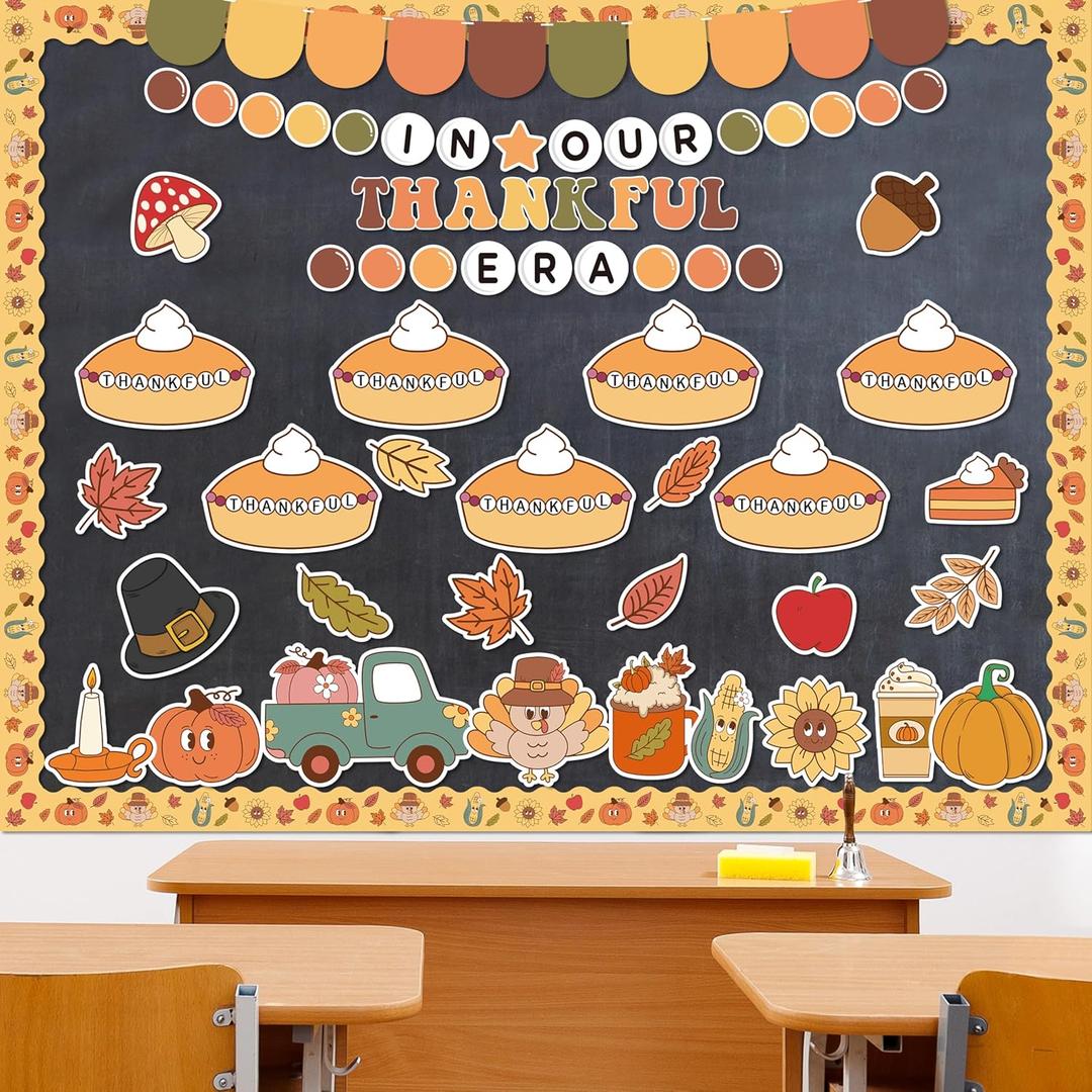 152Pcs Thanksgiving Bulletin Board Decoration Set, In Our Thankful Era Pumpkin Pie Cutouts Kids DIY Photo Craft Fall Border Trims Thanksgiving Classroom Chalkboard Supplies Wall Decor