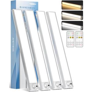4Pack 16inch Under Cabinet Lighting, Rechargeable Motion Sensor Light Wireless Indoor, Dimmable 3 Color Temps Closet Lights, Under Counter LED Lights for Kitchen, Stairs