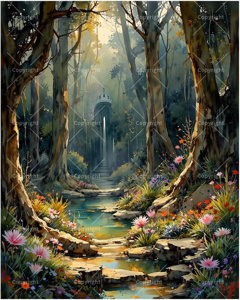Fantasy Paint by Numbers Kit for Adults - DIY Enchanted Forest with Stream and Hidden Temple Painting on Canvas, Acrylic Paint Set for Beginners, Art for Home Decoration or Gifts(16X20IN Framed)