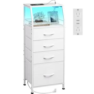 WLIVE Night Stand with Charger Station, White Nightstand with LED Light and 4 Storage Drawers, Tall Dresser for Bedroom, 37.48" H Bedside Table with Fabric Bins, Wood Shelf