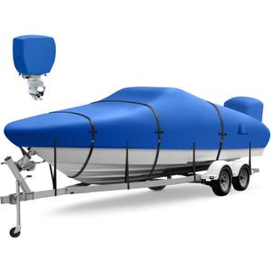Boat Cover 17-19 ft, Upgraded 1800D Boat Cover, 6000Pa Waterproof Heavy Duty Boat Covers with Motor Cover Fits BassBoat, V-Hull Tri-Hull Boat, Runabout Bowrider, 17' 18' 19', Blue