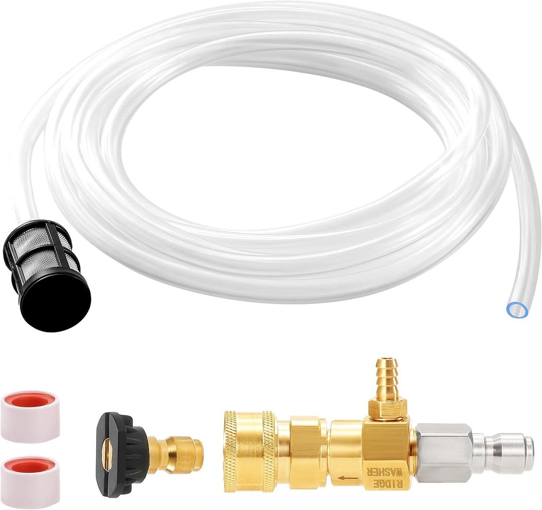RIDGE WASHER Downstream Injector for Pressure Washer, Chemical Power Washer Injector kit, 10 Feet Soap Tubing with High Pressures Soap Injectors, 3/8 Quick Connect, 2-3 GPM