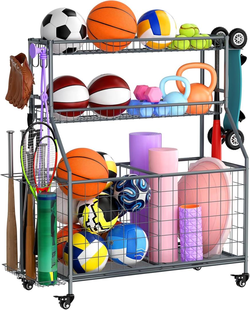 WUC Sports Equipment Garage Organizer - Garage Ball Storage Rack with Basket, Hooks and Rolling Cart for Sports Gear and Toy Storage, Grey