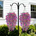 4PCS Artificial Fake Hanging Flowers Plants for Outdoor Spring Decor, UV Resistant Faux Morning Glory Eucalyptus Realistic Silk Petunias for Planter Porch Garden Balcony Yard Indoor (Purple Fuchsia)