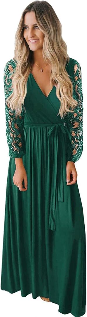 Kranda Womens Vintage Floral Lace Long Sleeve Faux Wrap V Neck Party Long Maxi Dress (Deep Green), XL