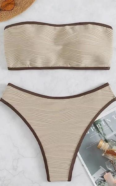 ZAFUL Women Strapless Textured Bandeau Bikini 2 Piece Swimwear Cheeky Solid Lace up Bathing Suits (Small)