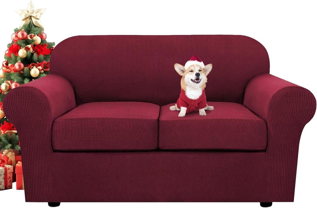 H.VERSAILTEX 3 Piece Stretch Sofa Covers for 2 Cushion Loveseat Couch Covers for Living Room Furniture Cover (Base Cover Plus 2 Seat Cushion Covers) Thicker Jacquard Fabric(Medium Sofa, Burgundy)
