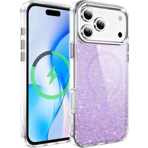 BAISRKE Cute Sparkling Glitter Case for iPhone 17 Pro Max[6.9"] Slim Magnetic Phone Case [Compatible with Mag-Safe ] Hard Back & Soft TPU Bumper Shockproof Protective Cover for Women[Purple Glitter]