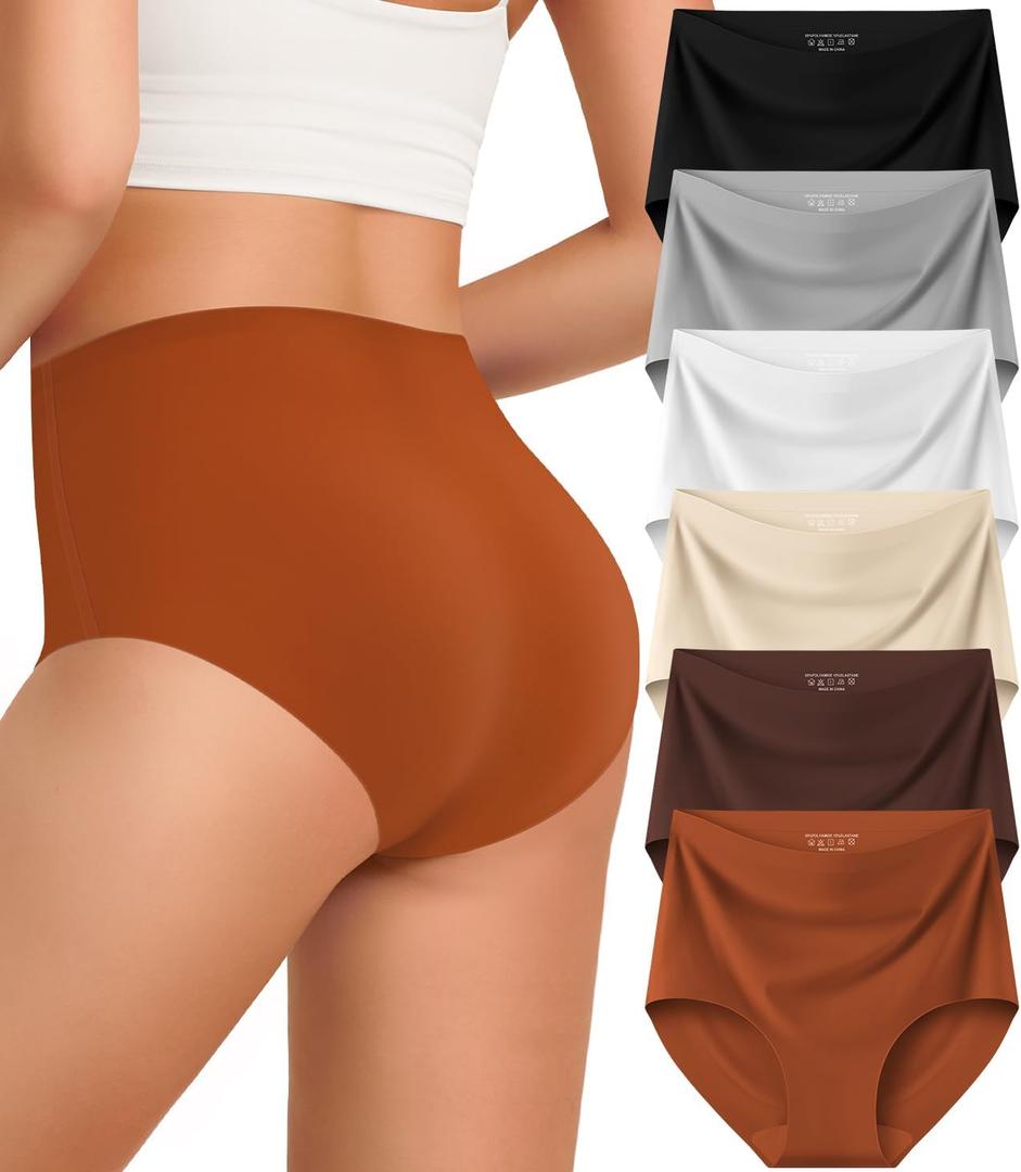 Kalapa Womens Underwear Seamless Full Coverage Breathable Briefs No Show Silky Stretch High Waisted Ladies Panties 6 Pack (X-Large)