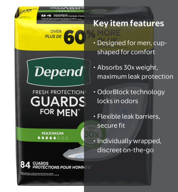 Depend Guards Incontinence Pads for Men, Overnight Absorbency, 84 Count