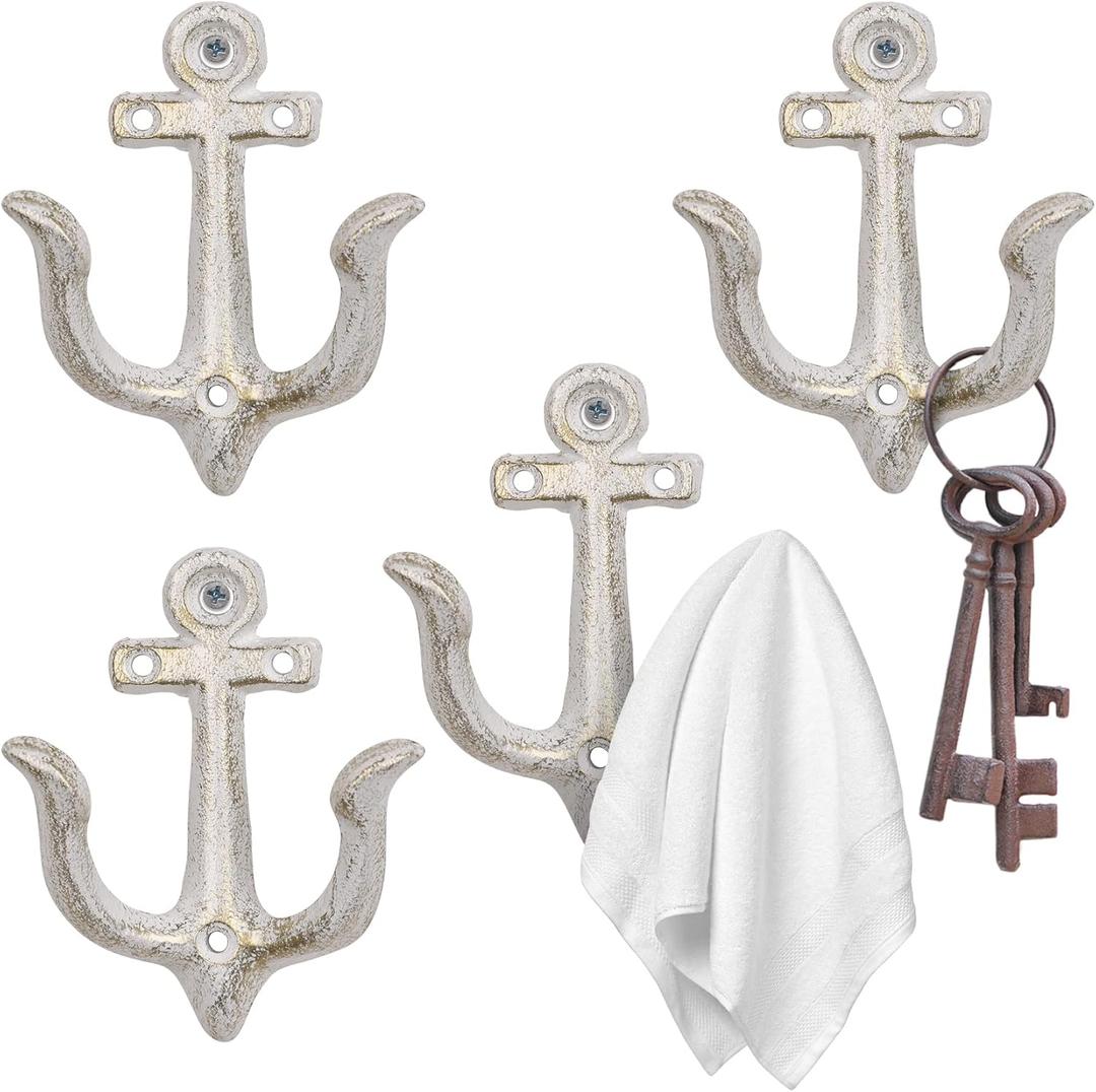XINGYAN Vintage Rustic Cast Iron Nautical Sea Anchor Design Wall Hooks,Home Coat Rack,Decorative Wall Mounted Antique Shabby Chic Metal Bathroom Towel,Coat Hooks,Hanger,Screws Inside (Beige[4pcs])