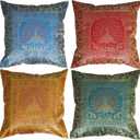 Ethnic Hand Embroidery Peacock Design Decorative Silk Cushion Cover for Sofa (Multi Color Set of 4, 16x16 Inches) Outdoor Cushion Covers for loveseat