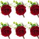 Ivory Rose Boutonniere for Men Wedding Set of 6 Groom Groomsmen Best Man Artificial Flowers Boutonniere for Wedding Ceremony Anniversary Prom Flowers Formal Dinner Party (6, Red, Middle)