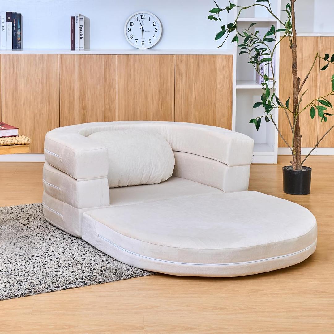 3-in-1 Folding Sofa Bed with Pillow, Memory Foam Bean Bag Chair, Large Convertible Couch for Adults Play Together, Bedroom, Living Room, Apartment(Beige)
