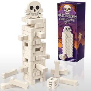 AerWo Wooden Blocks Stacking Games, Tumbling Tower and Balance Halloween Games for Kids, Skeleton for Kids and Adults with Six-Sided Dice, Wood Blocks Twister Game