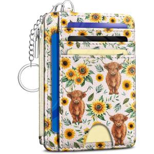 Kelvoris Highland Cow Sunflower Credit Card Holder Small Wallet Women, Slim RFID Blocking Wallet Woman Keychain with Zipper Coin Pocket, Front Pocket Thin Travel Card Case with ID Window Ladies Gifts