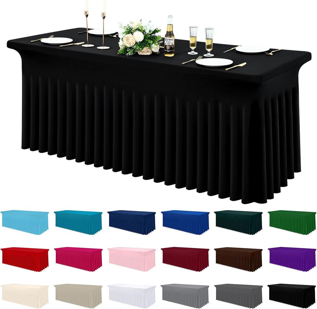 Moosfor Spandex Fitted 6FT Rectangle Tablecloth, Elastic Stretch Wrinkle Resistant Table Skirt, Washable Reusable Table Cover for Wedding, Banquet, Party, Events (Black, 72Lx30Wx30H Inch)