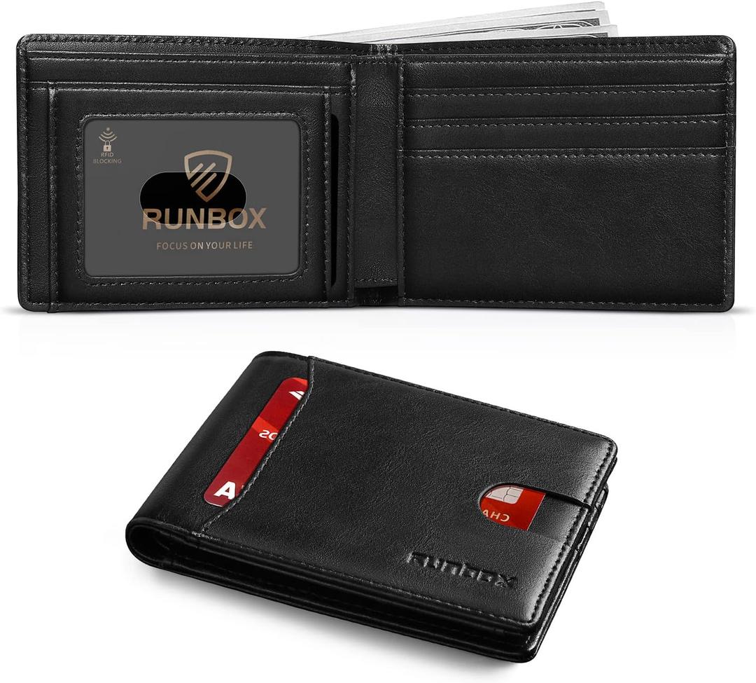 RUNBOX Wallet for Men Slim 11 Credit Card Holder Slots Leather RFID Blocking Small Thin Men's Wallet Bifold Minimalist Front Pocket Large Capacity Gift Box (1 oil black)