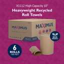 Maximus X1112 Heavyweight 10" Recycled Paper Towels with Superior Absorbency, Natural Commercial Paper Towels Rolls Suitable for Office, Restaurant, and Healthcare Facilities, 6 Rolls Per Case