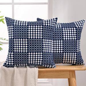 JELLYMONI Pack of 2 Decorative Plaid Linen Throw Pillow Covers Farmhouse Christmas Pillowcovers Rustic Woven Textured Boho Pillowcase for Sofa Couch Bed (Blue, 18x18in)