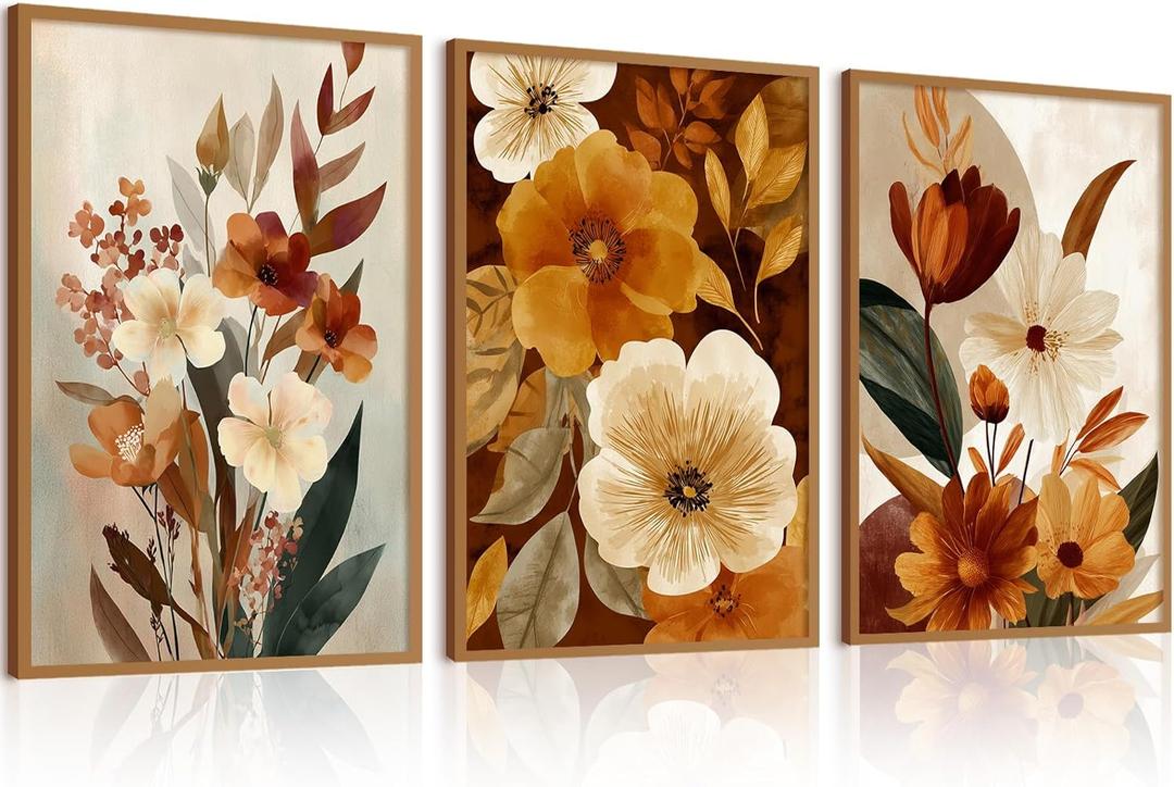 Boho Flower Wall Art Vintage Abstract Floral Prints Botanical Canvas Wall Decor Flower Farmhouse Pictures Fall Plant Poster Rustic Autumn Floral Artwork for Bedroom Living Room 16x24x3 Inch Unframed