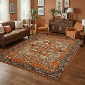 GarveeHome Tiger Print 6x9 Area Rugs, Boho Terracotta Washable Rugs for Living Room, Vintage Tribal Soft Animal Throw Rug Non Slip Ultra Thin Stain Resistant Floor Carpet for Bedroom Dining Room