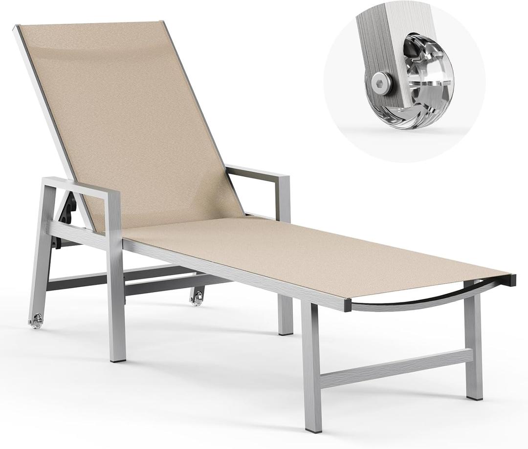 Patio Chaise Lounge Chair Outdoor with Wheels&Armrests, Aluminum Pool Lounge Chairs 5-Position Adjustable Recliner, Outdoor Beach Lounge Chairs for Poolside, Patio, Deck, Yard, Khaki (1 Pack)