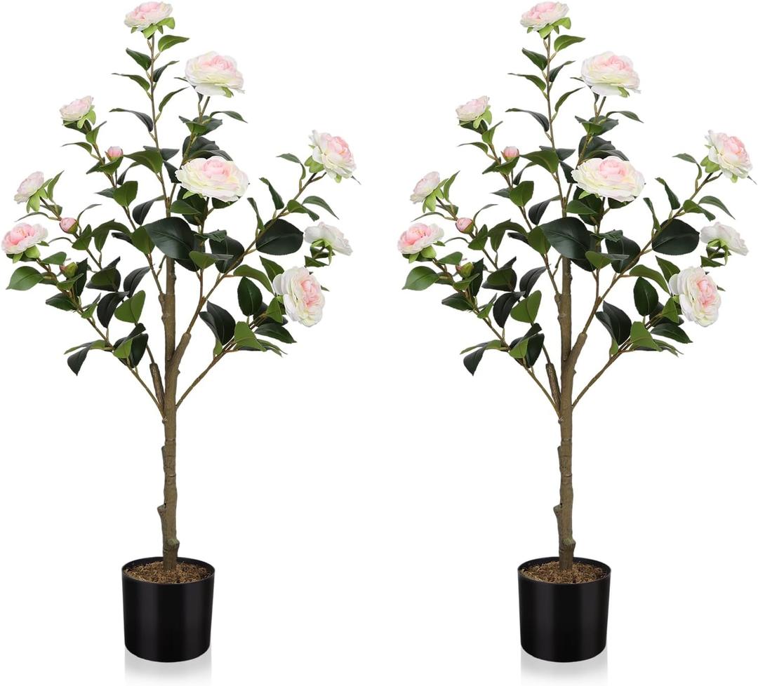 HMASYO 36 inch Artificial Camellia Flower Topiary Trees Set of 2, Potted Fake Flowering Plants Blooming Camellia Tree, UV Resistant Artificial Plants for Indoor Outdoor Home Front Porch Garden Decor