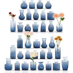 36Pcs Bud Vases Set Small Vintage Glass Bottles Bud Vases in Bulk Multiple Shape Cute Glass Vases for Rustic Wedding Centerpieces Table Decorations and Home Decor(Blue)