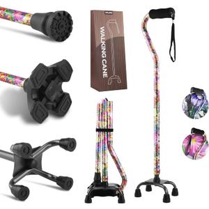 LIXIANG Walking Canes Stablize Women Quad Canes for Seniors & Adults Foldable Adjustable for Men & Women Heavy Duty Freestanding Cane for People with Leg Injuries 3 footings (Purple flower)